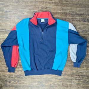 Vintage 90s Men's Cheetah Colorblock Quarter-Zip Sweatshirt M Blue Red